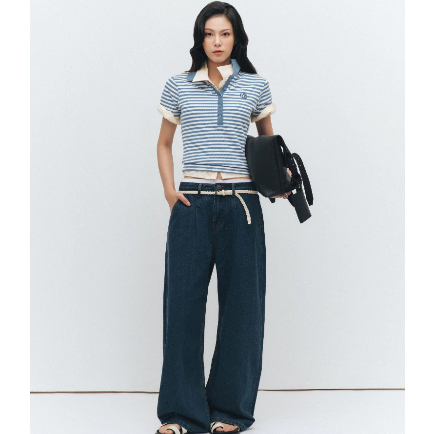 Quần jean nữ ống rộng Owlbrand Wide Pleated - Ảnh 2